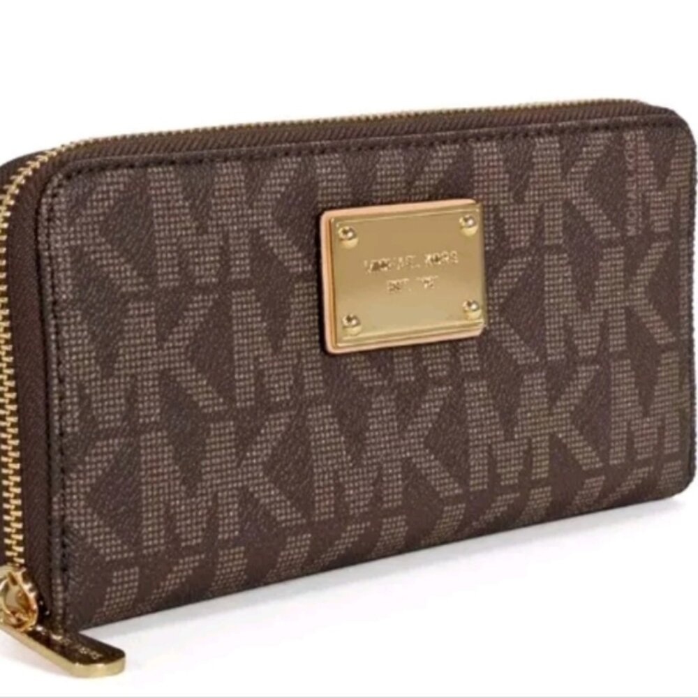 Michael Kors Jet Set Continental Logo - Brown Zip Around Wallet